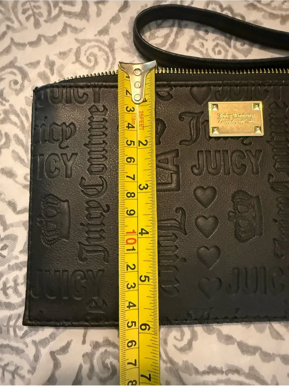 Juicy Couture Black Embossed Logo Wristlet with Gold Plaque